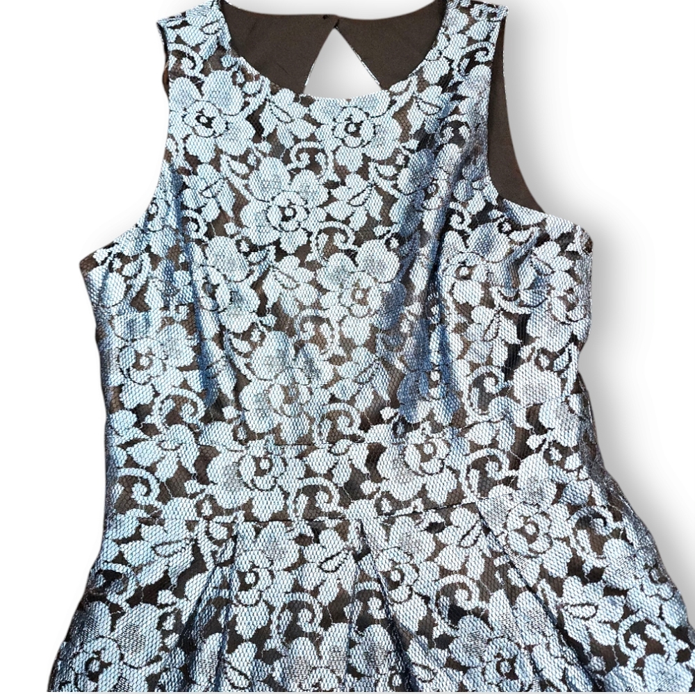 Eliza J Lace Black Blue Floral Cocktail Fit Flare Pleated Mini Dress Size 4 - Picture 5 of 17